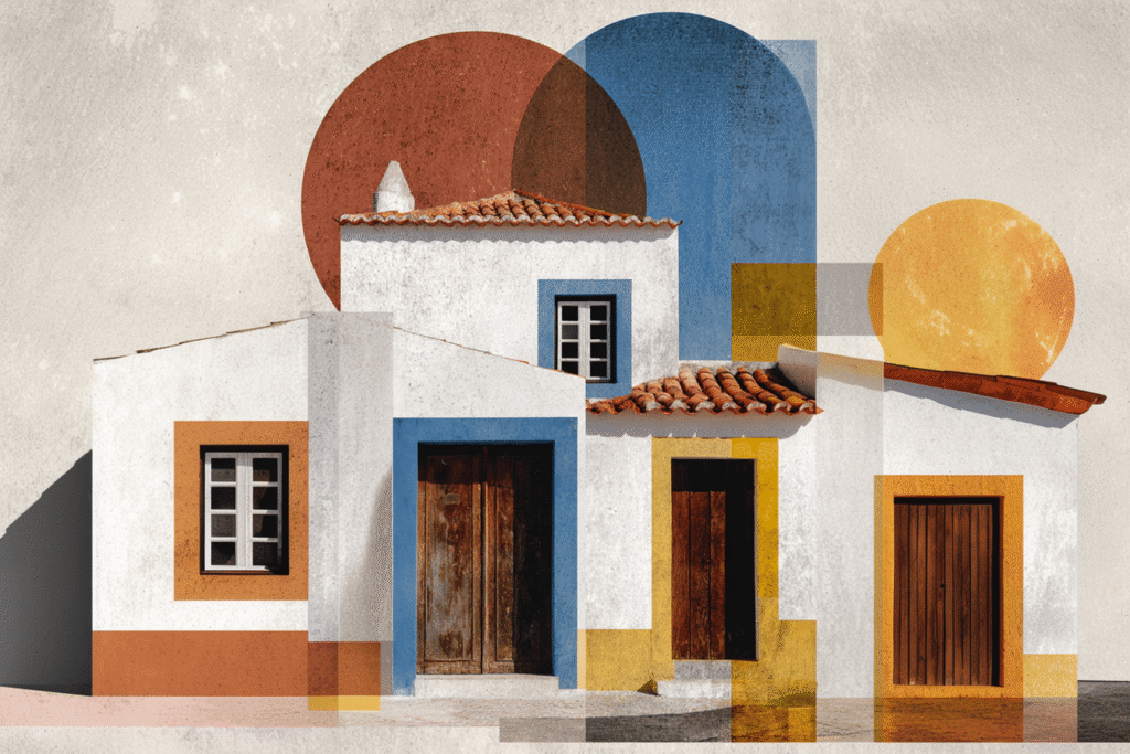 Casas blancas del Alentejo con detalles azules, amarillos y tejados de terracota en Portugal